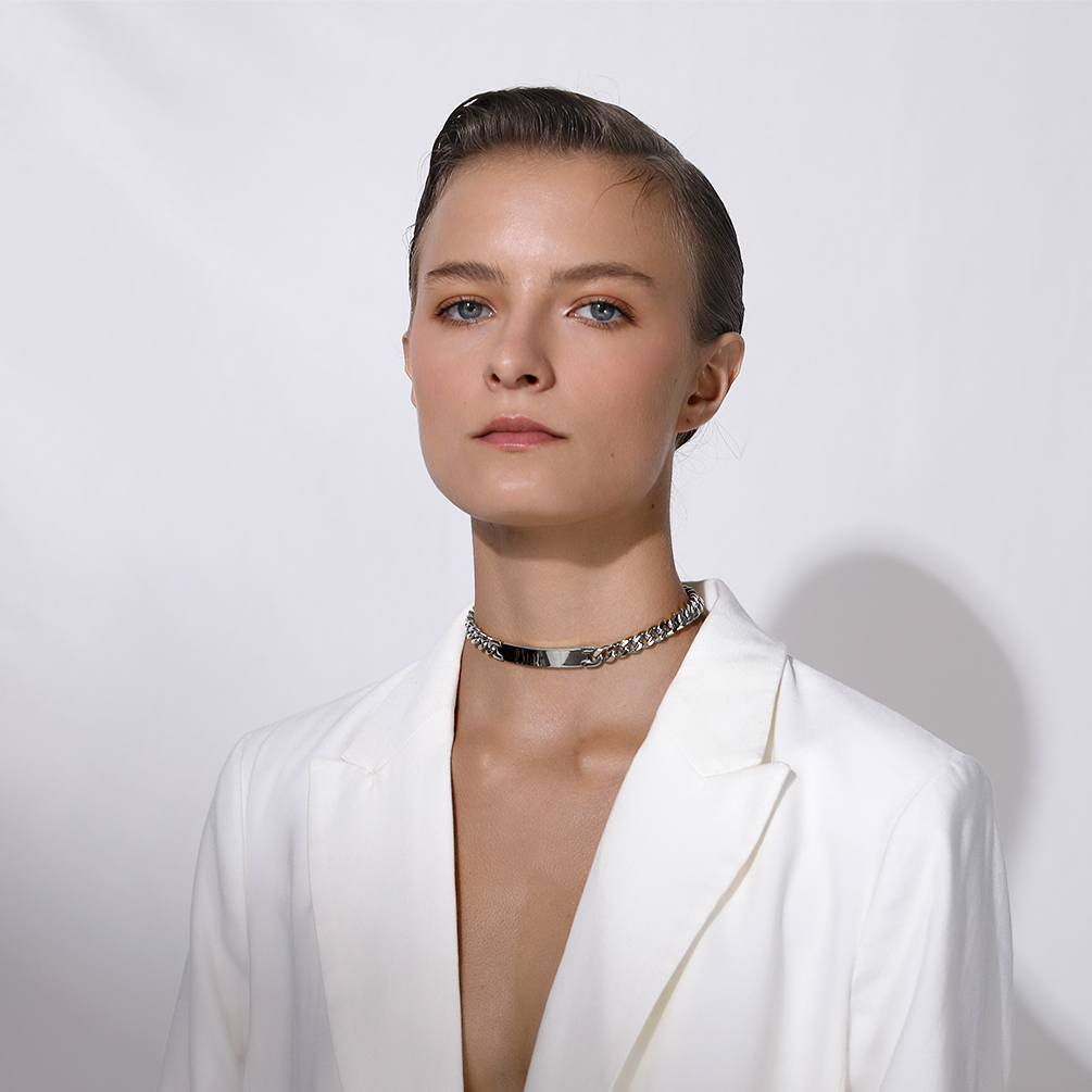 Model wearing stainless steel choker necklace