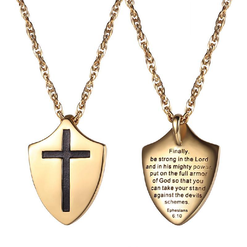 Gold Christian Shield Necklace with Cros