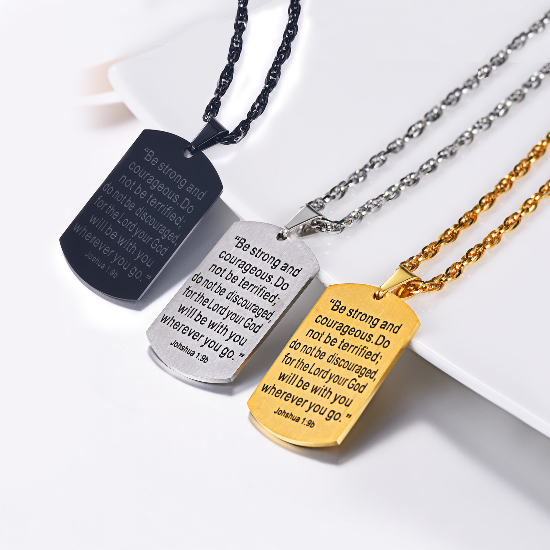 Christian scripture dog tag necklaces in black steel and gold finishes