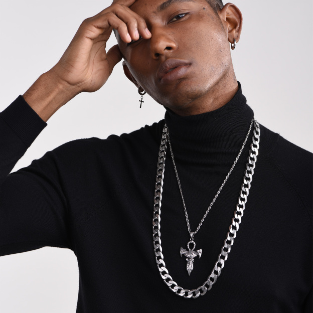 Men wearing ankh cross pendant necklace