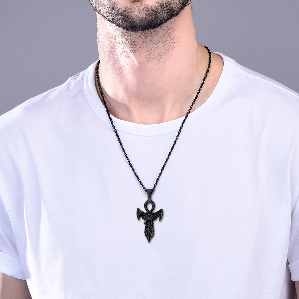 Black ankh cross pendant necklace worn by model