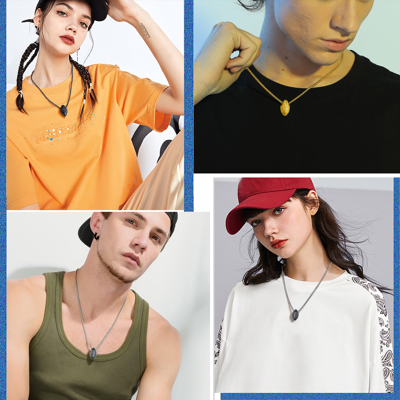 Unisex football pendant necklace worn by men and women