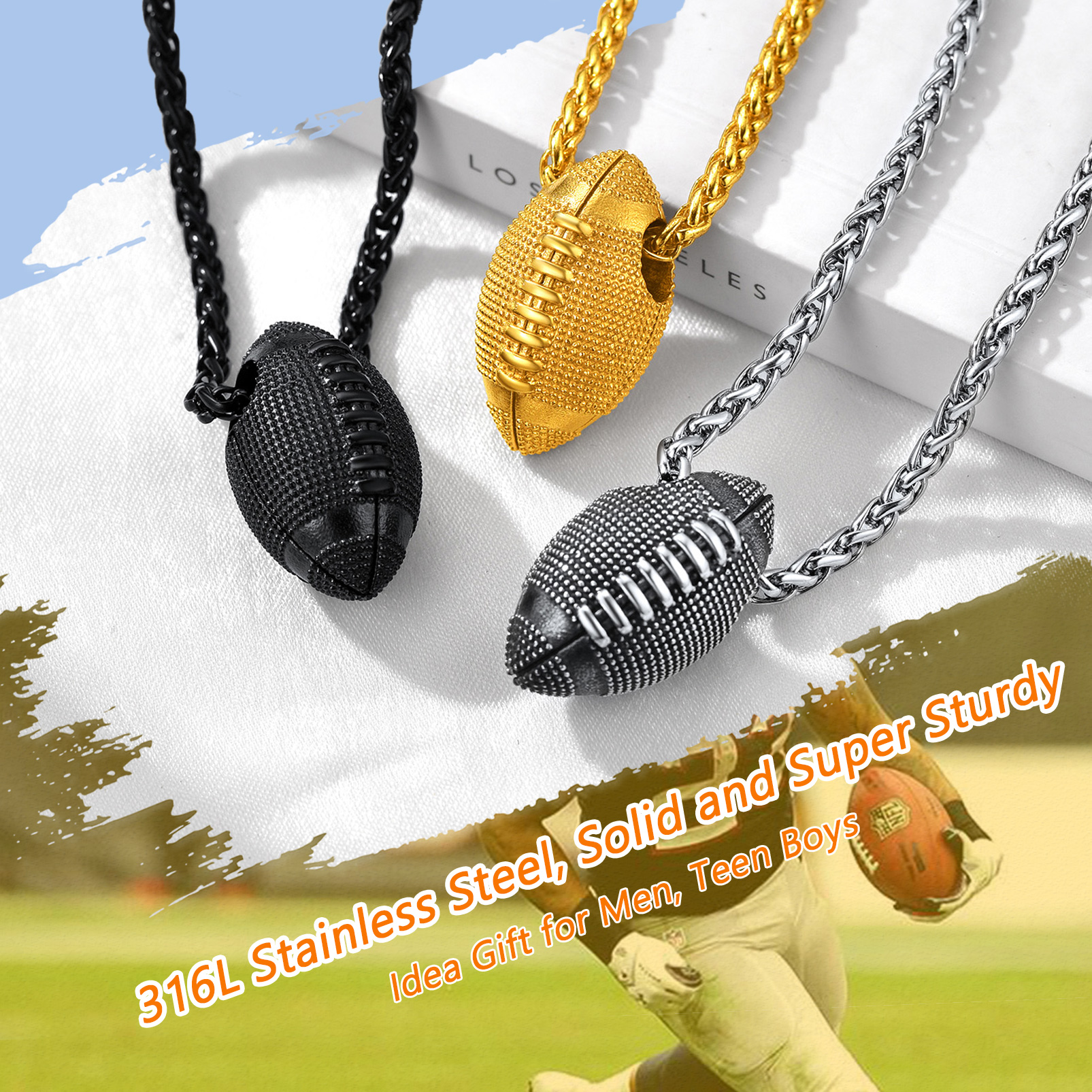 Football pendant necklaces in gold steel black colors
