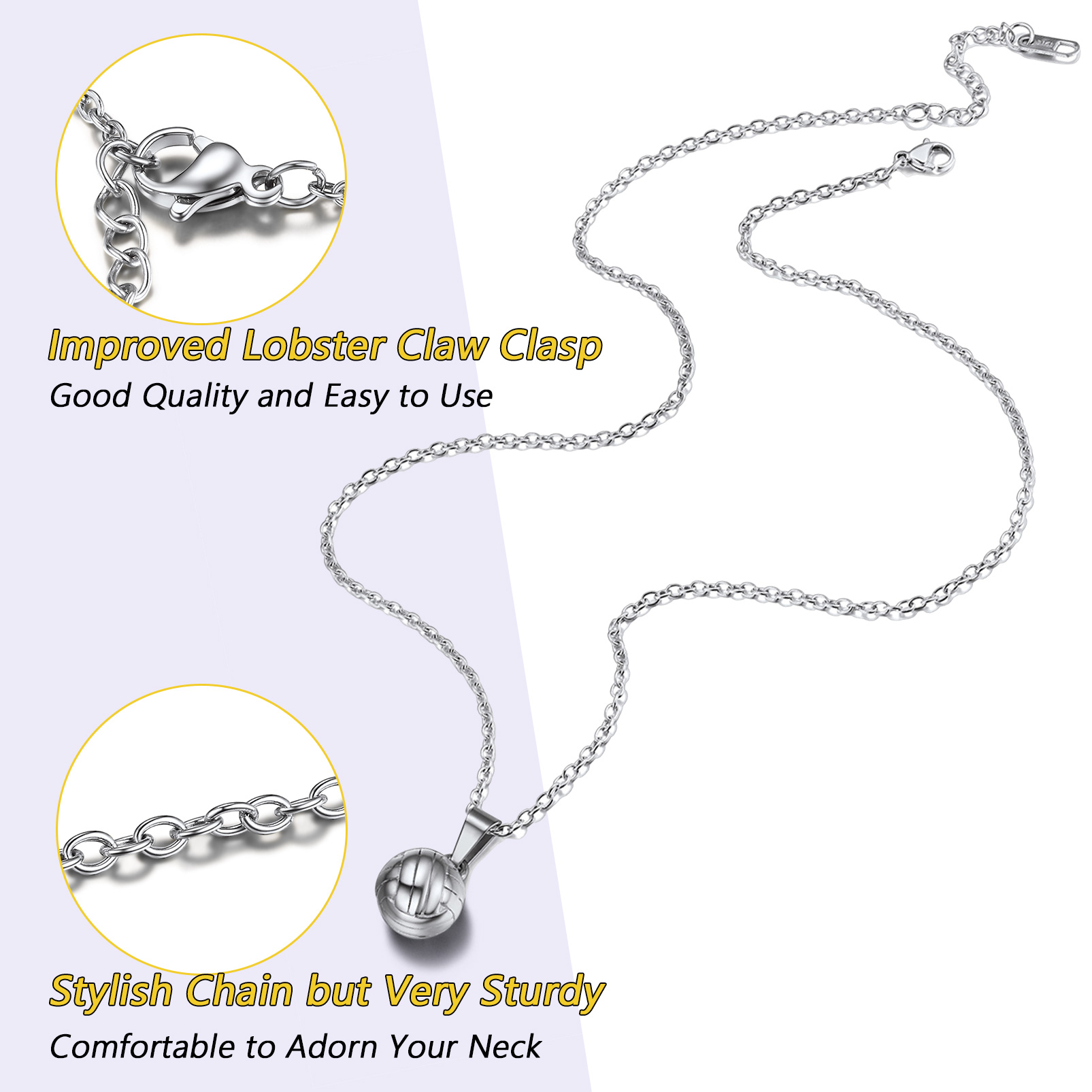 Volleyball necklace sturdy chain and lobster clasp detail