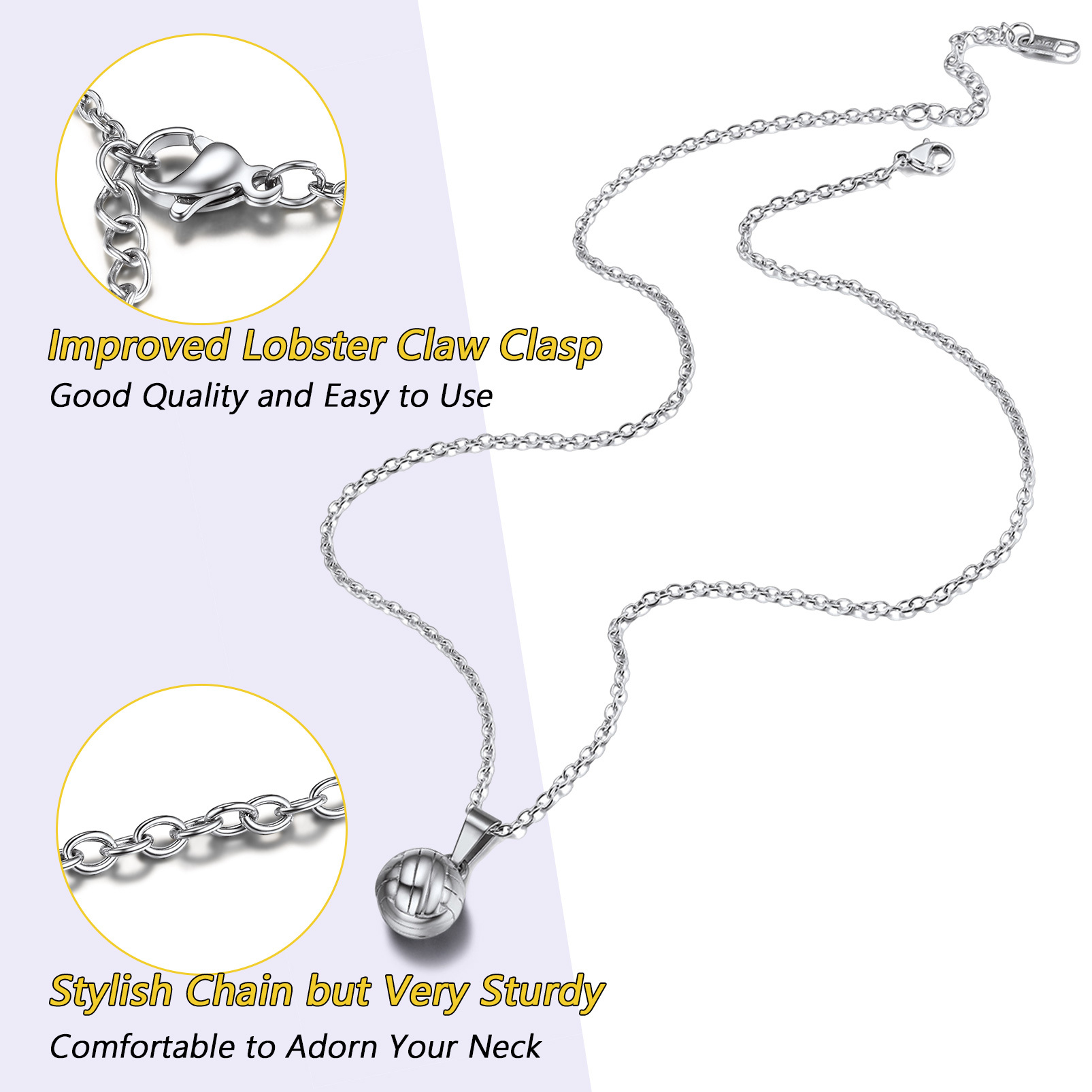 Volleyball necklace sturdy chain and lobster clasp detail