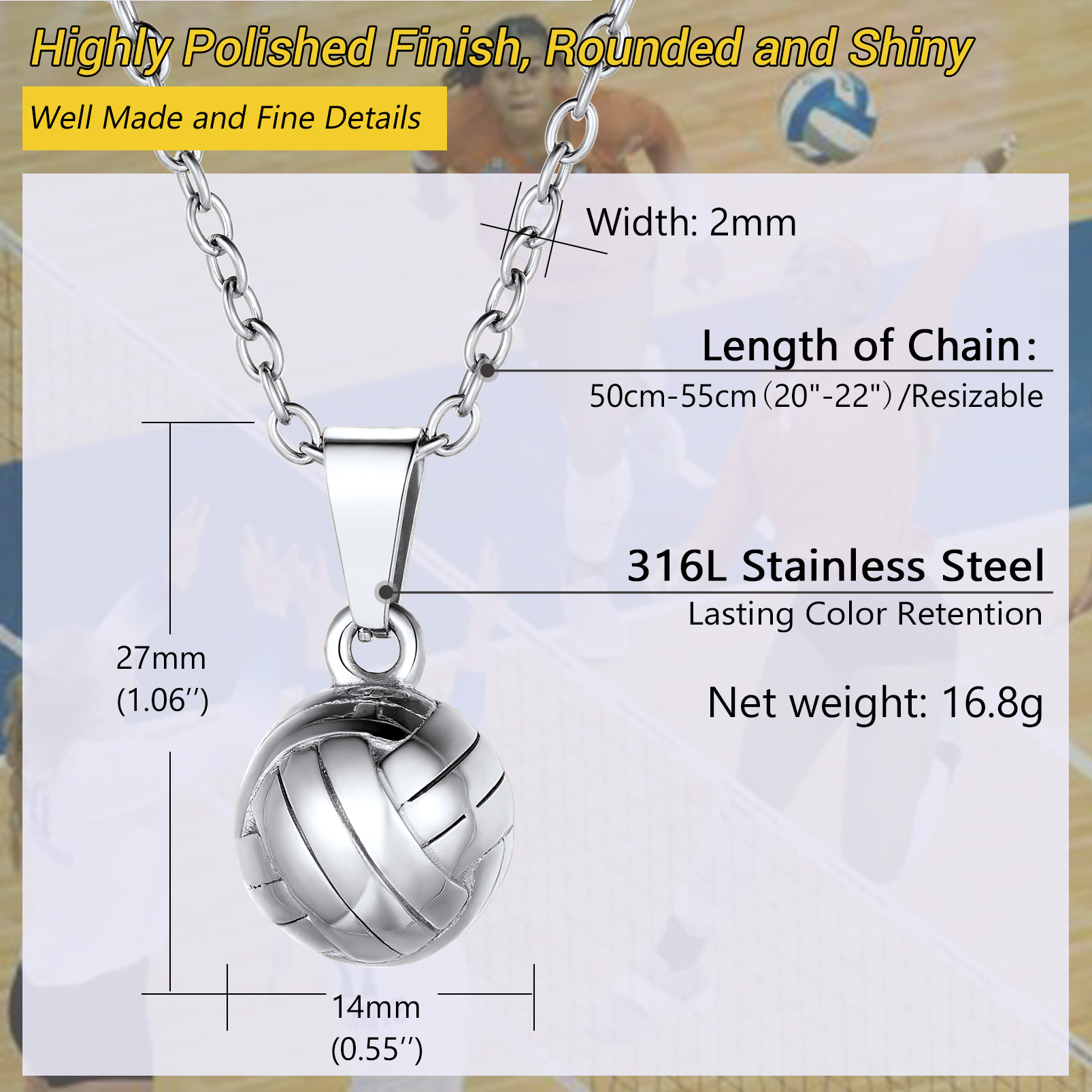 Volleyball pendant necklace size and stainless steel specs
