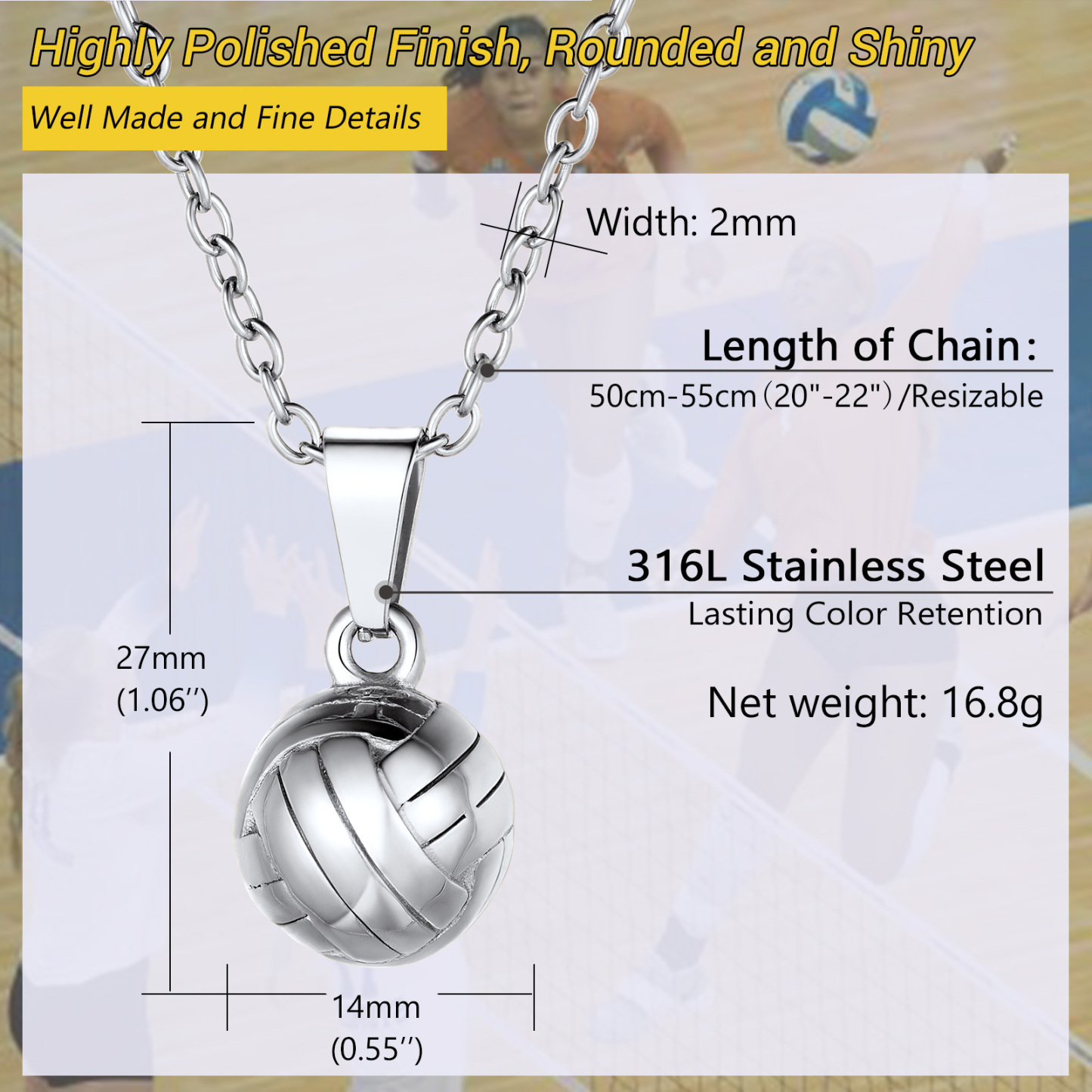 Volleyball pendant necklace size and stainless steel specs
