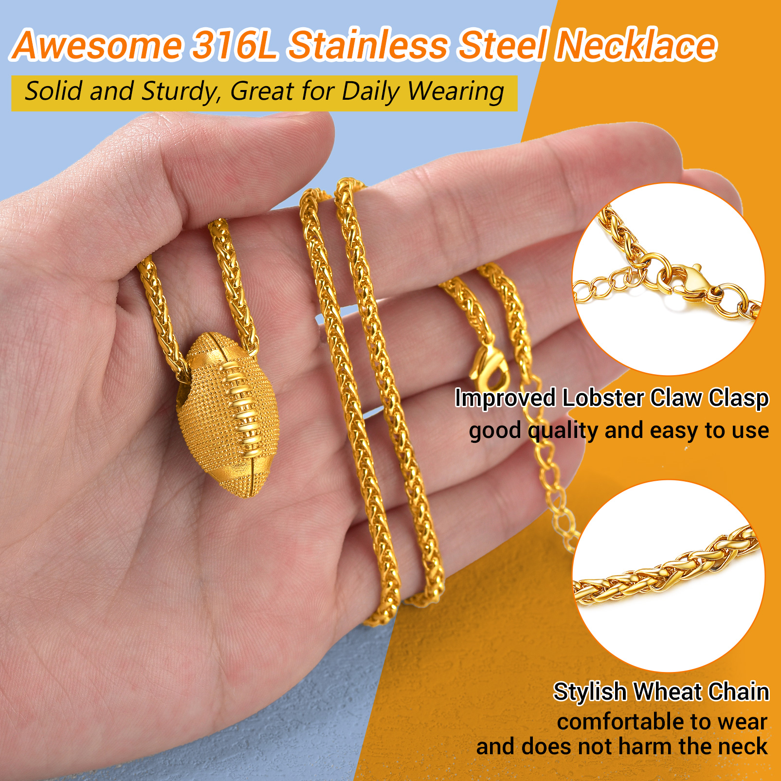 Stainless steel football necklace lobster clasp detail