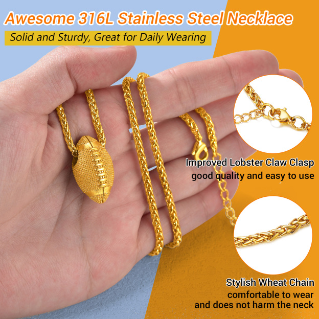 Stainless steel football necklace lobster clasp detail