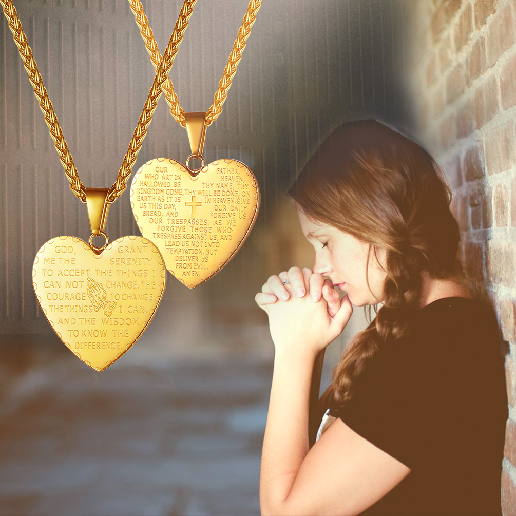 Gold Bible Verse Heart Necklaces with Praying Girl