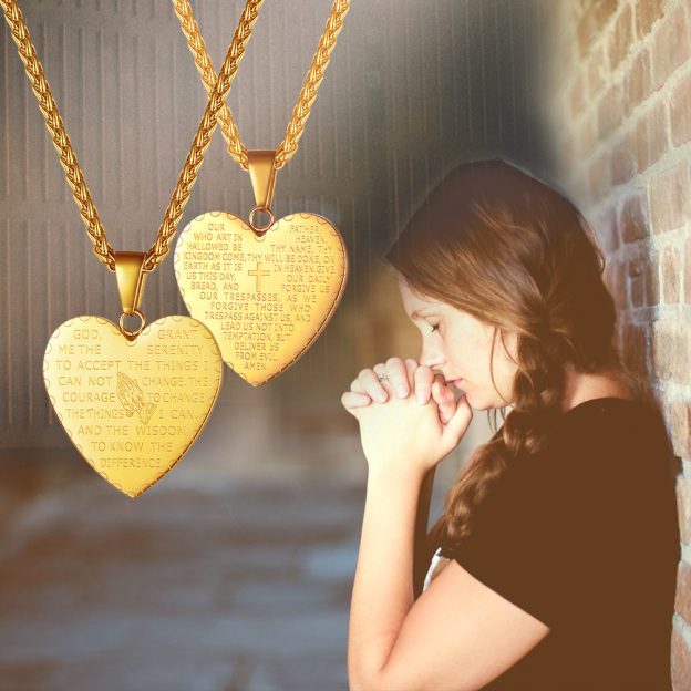 Gold Bible Verse Heart Necklaces with Praying Girl
