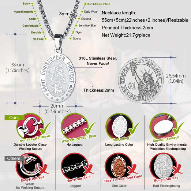 Saint Christopher oval pendant necklace size and dimensions