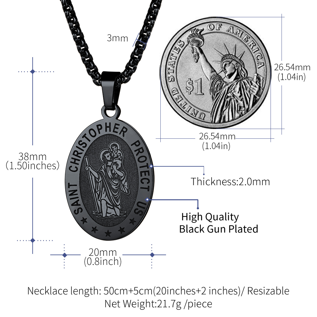 Black Saint Christopher oval pendant necklace size and dimensions