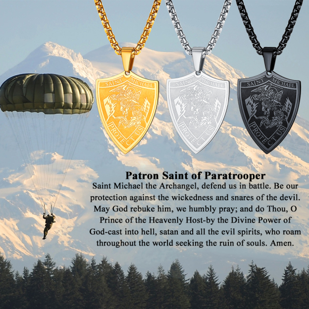 Saint Michael Shield Necklace Gold Steel Black - Catholic Religious Jewelry Men