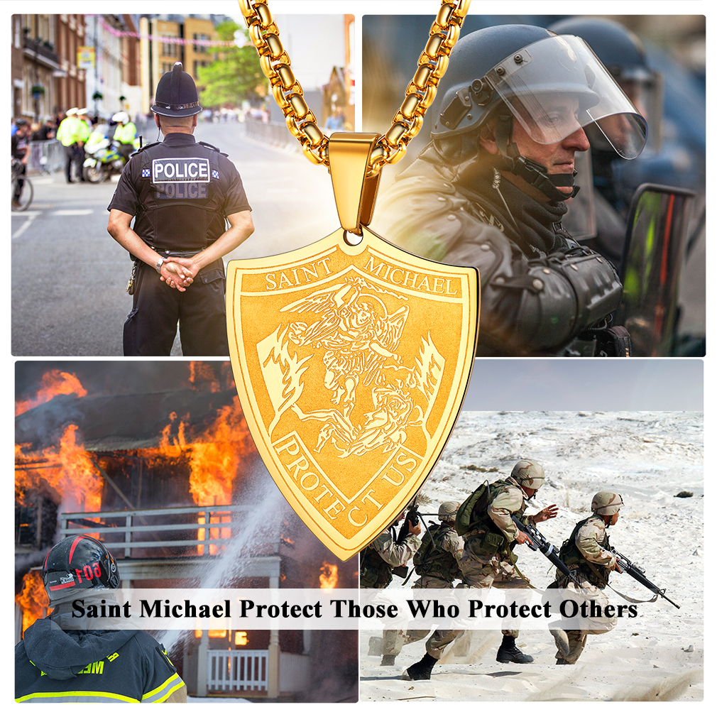 Saint Michael Protect Those Who Protect Others Gold Pendant Necklace