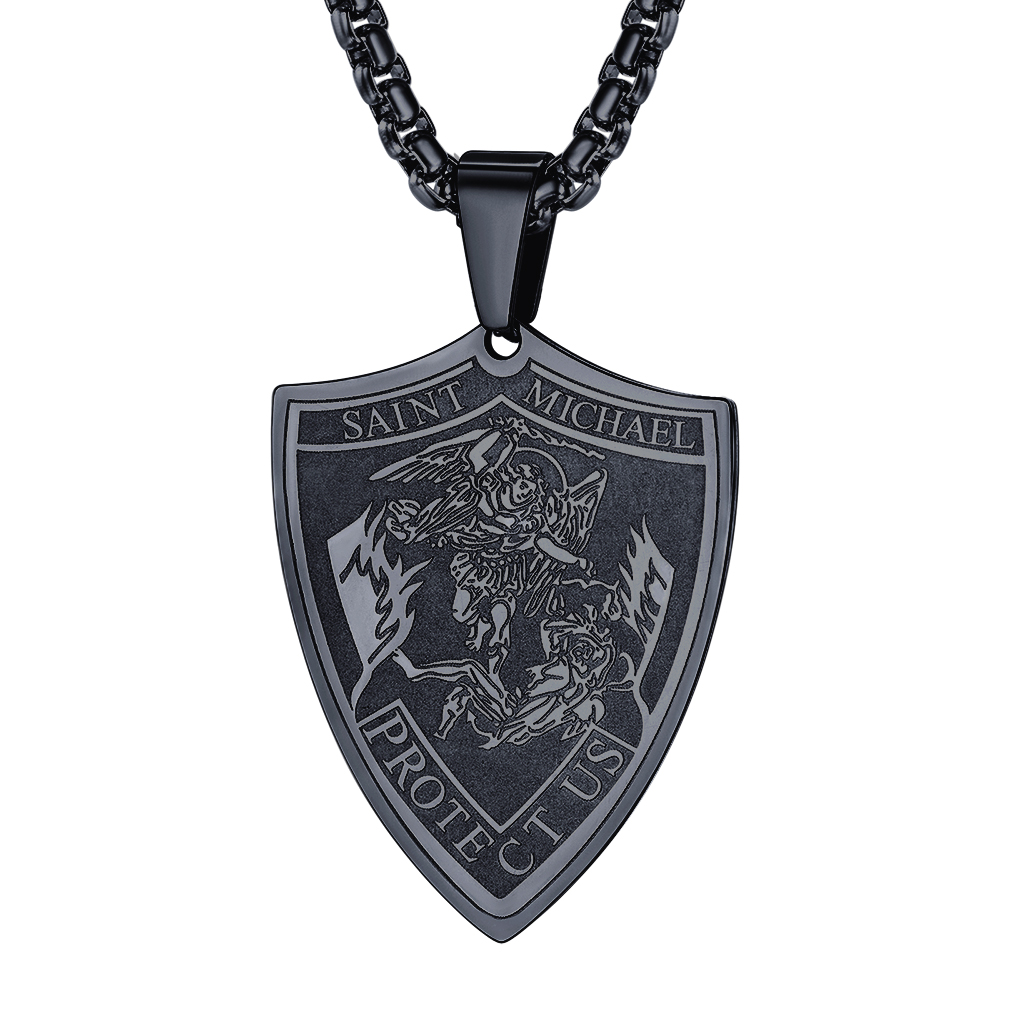 Black Saint Michael Shield Pendant Necklace
