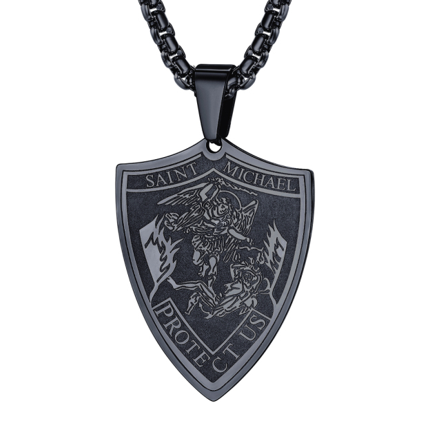 Black Saint Michael Shield Pendant Necklace