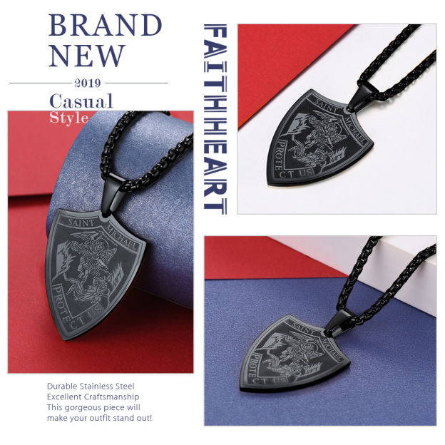 Black Saint Michael Shield Pendant Necklace - Stainless Steel Catholic Jewelry