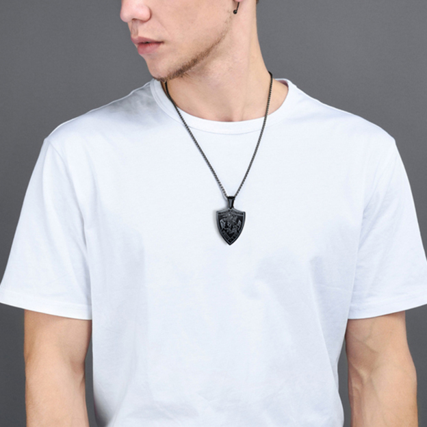 Men's Black Saint Michael Necklace on White T-Shirt