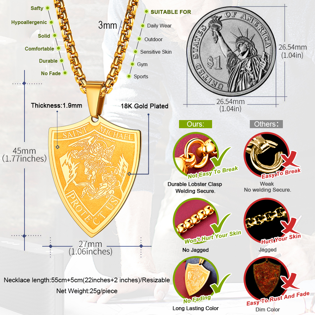 Gold Saint Michael Shield Necklace Dimensions & Features - 18K Plated Stainless Steel