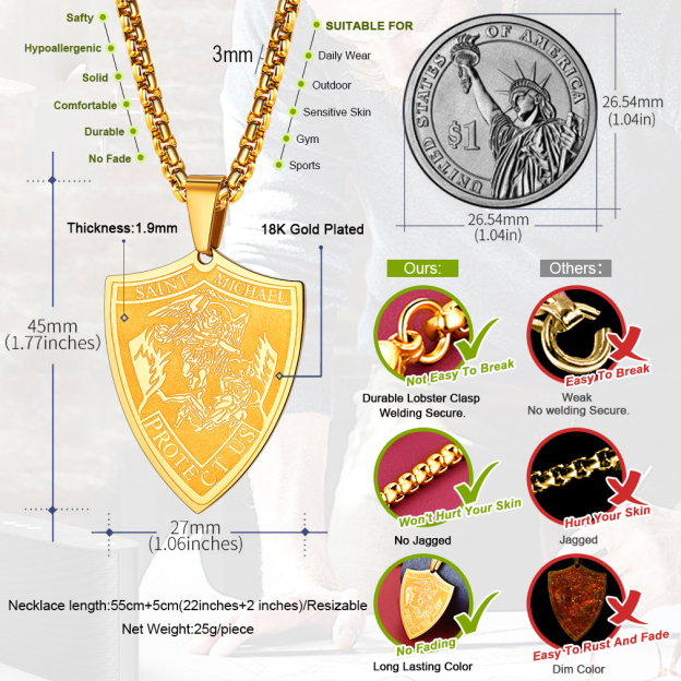 Gold Saint Michael Shield Necklace Dimensions & Features - 18K Plated Stainless Steel