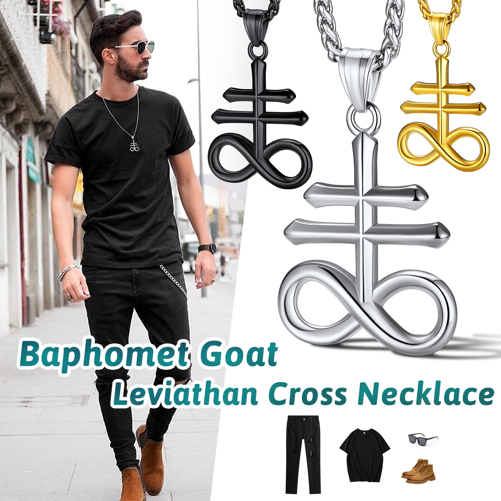 Men’s Leviathan Cross necklace black gold steel colors