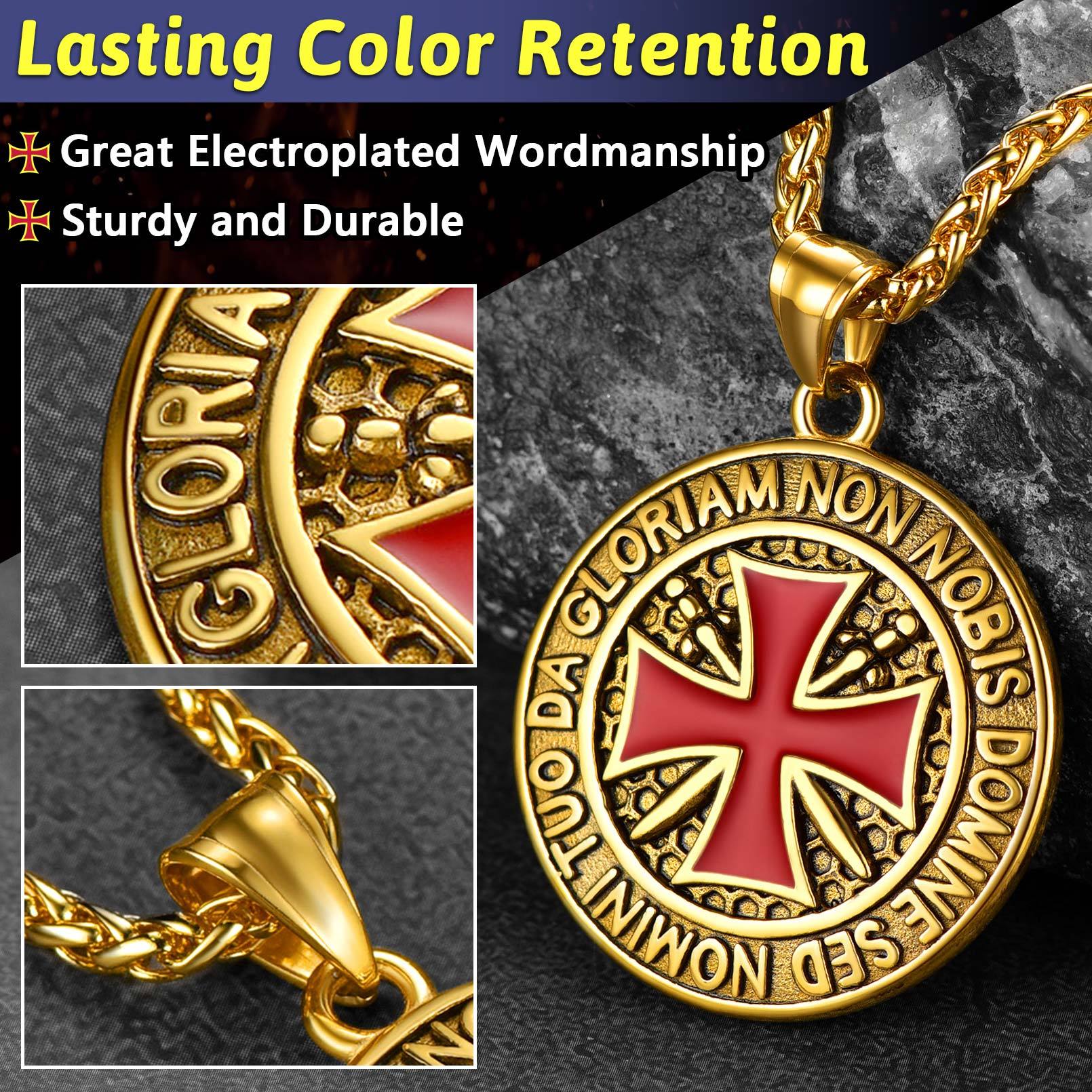 Size and material details of stainless steel Templar cross necklace with lobster clasp