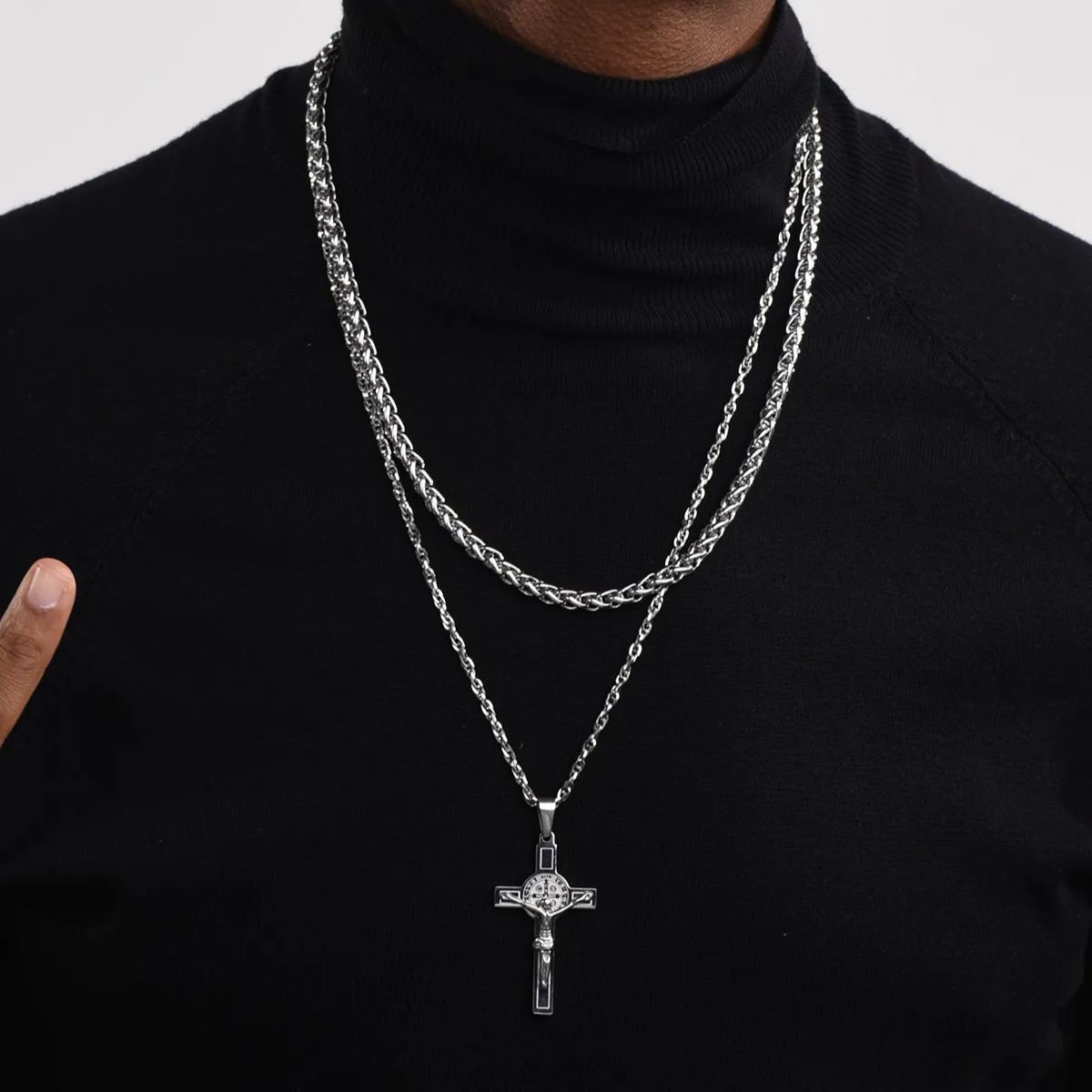 Man wearing Stainless Steel Wheat Chain Necklace 6MM, stylish accessory