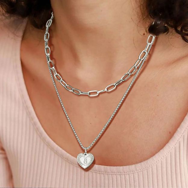 PROSTEEL a Initial Paperclip Necklace Heart Pendant Silver Layered Necklaces for Women