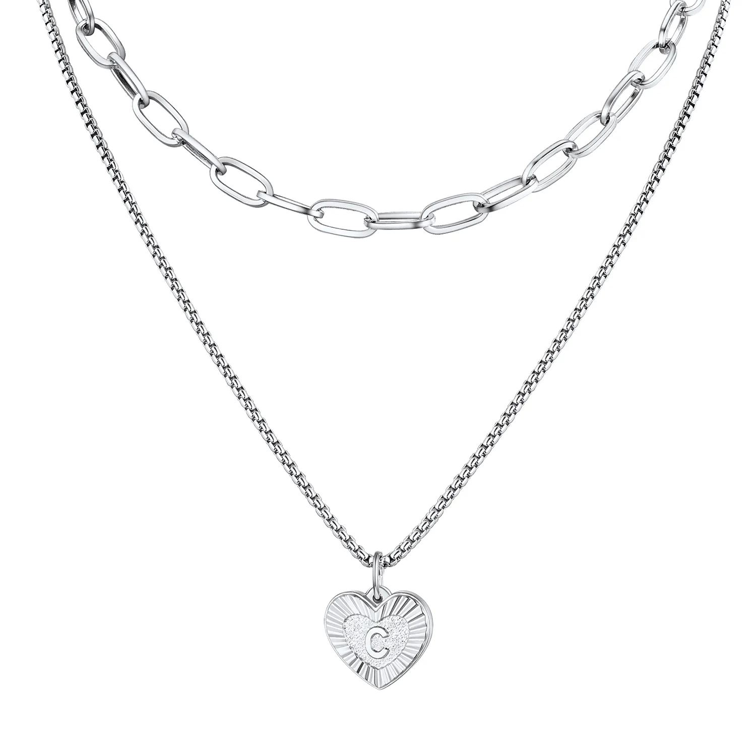 PROSTEEL a Initial Paperclip Necklace Heart Pendant Silver Layered Necklaces for Women