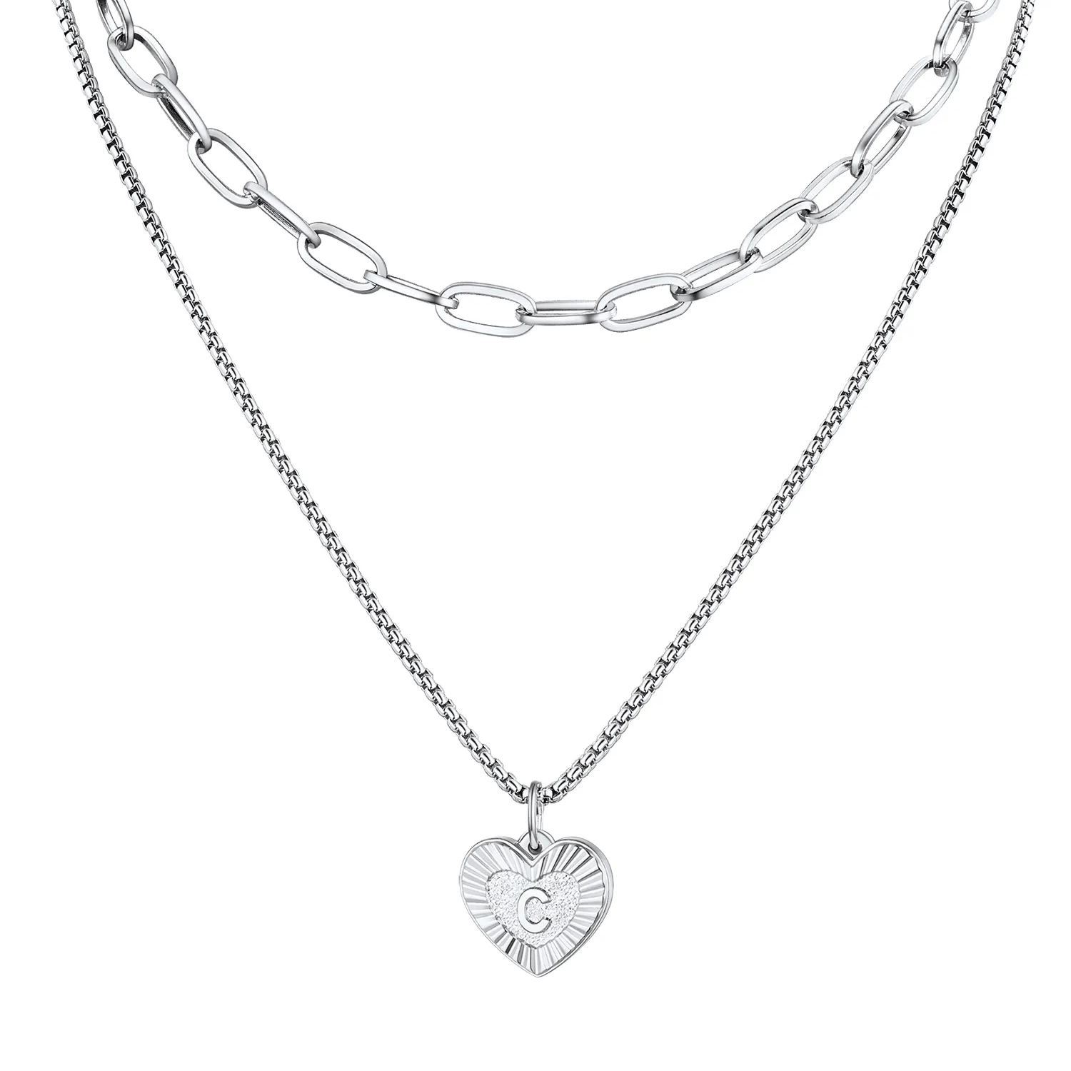PROSTEEL a Initial Paperclip Necklace Heart Pendant Silver Layered Necklaces for Women