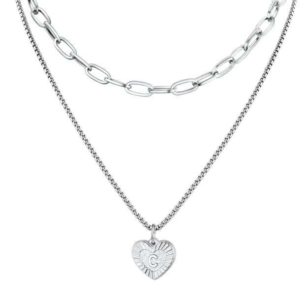 PROSTEEL a Initial Paperclip Necklace Heart Pendant Silver Layered Necklaces for Women