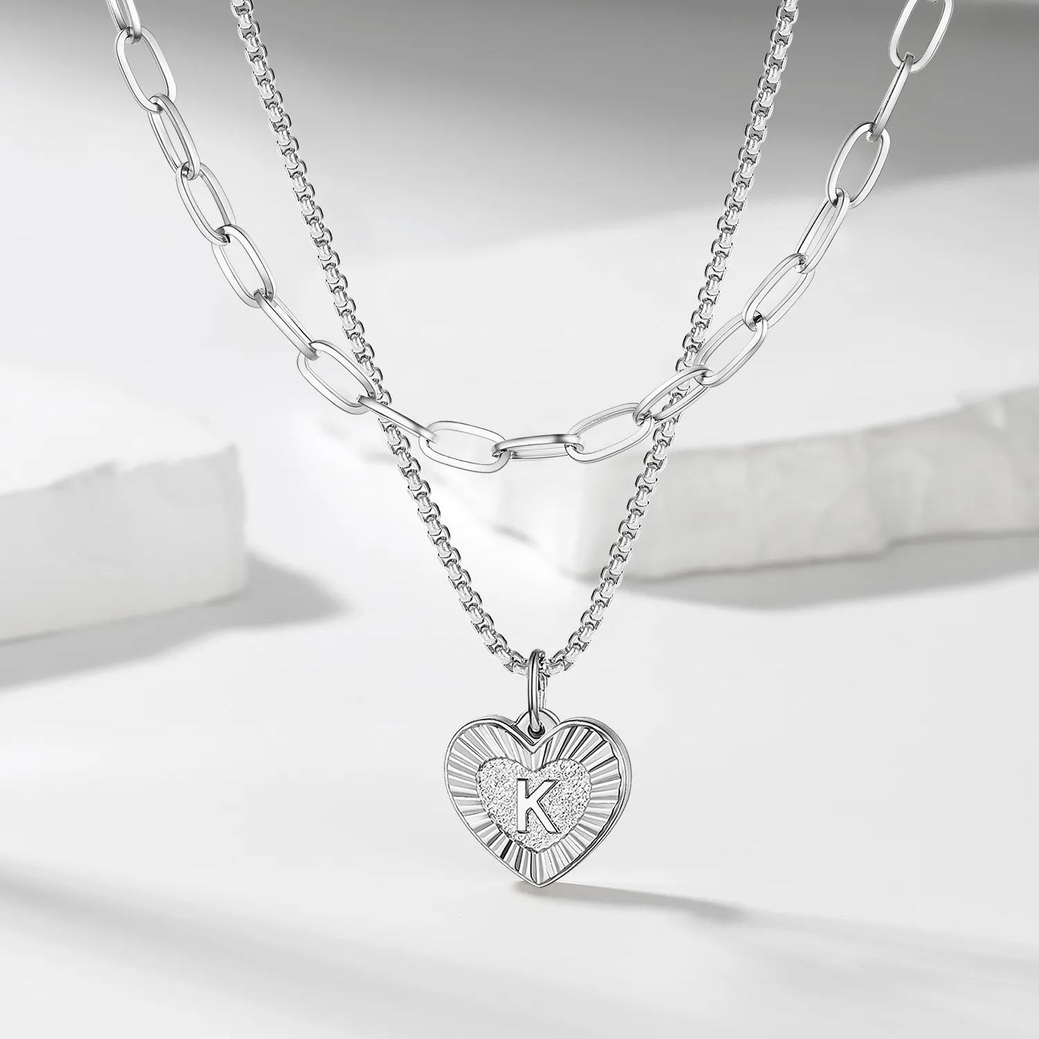 PROSTEEL a Initial Paperclip Necklace Heart Pendant Silver Layered Necklaces for Women