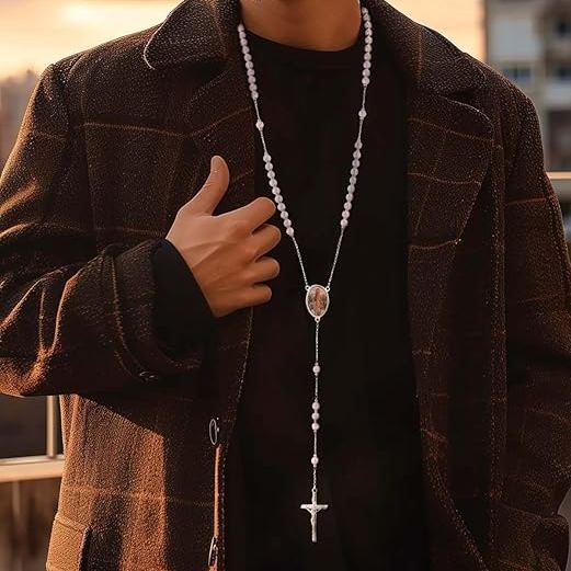 Glass Pearl Rosary Necklace on men's neck