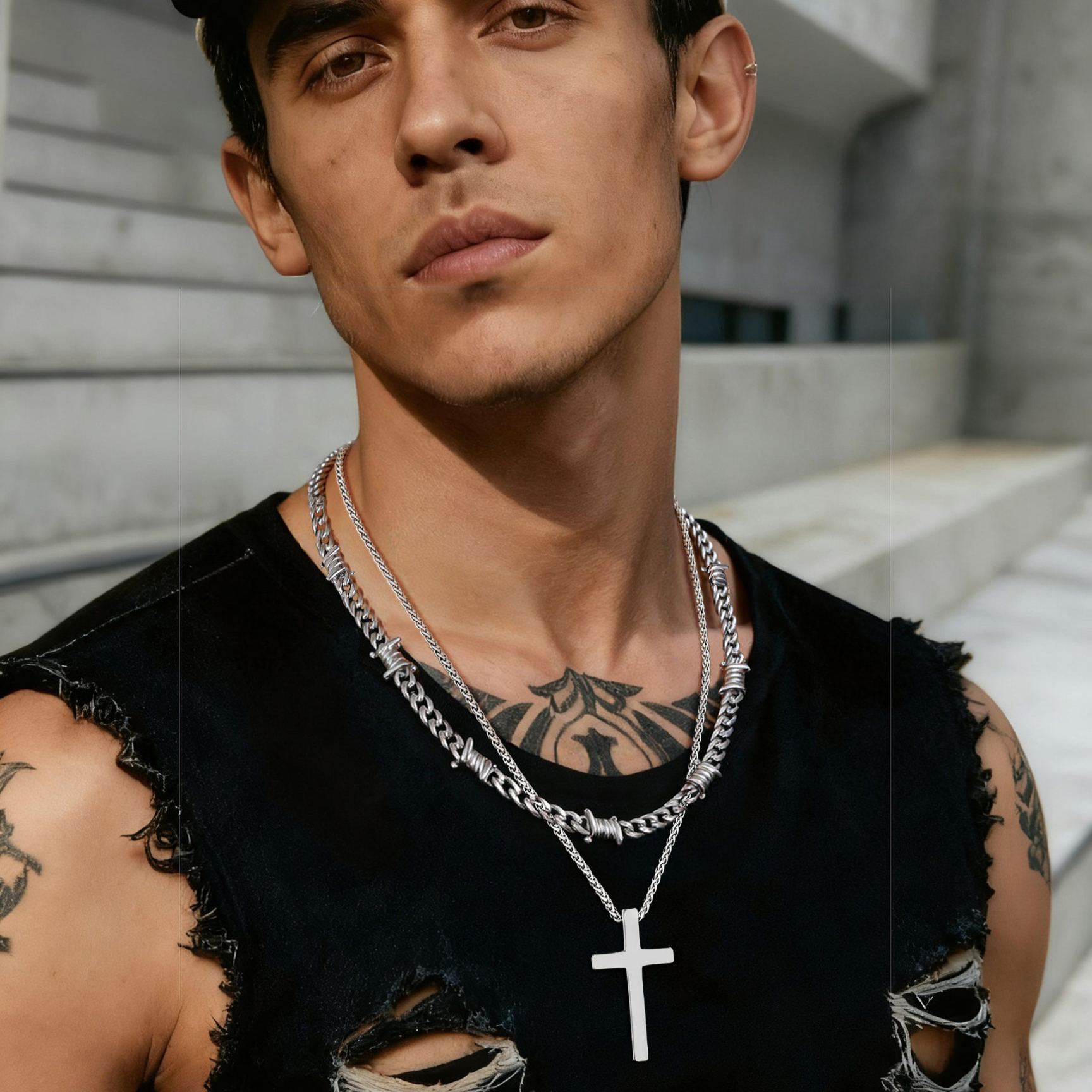 Men's steel cross pendant necklace and chain layered