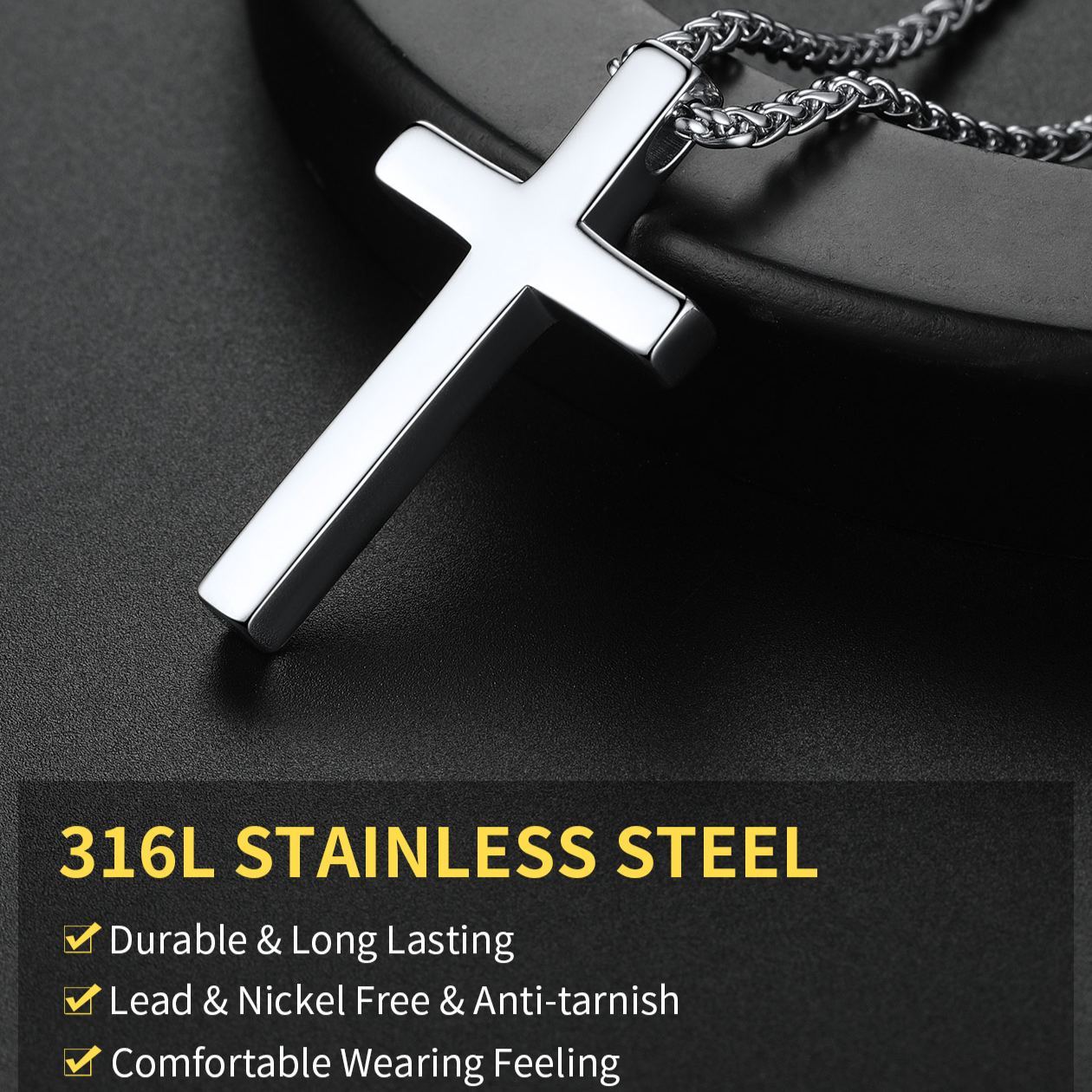 Durable Cross Pendant Necklace 316L Stainless Steel  22"
