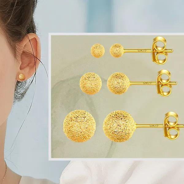 Gold S925 Silver Ball Stud Earrings multiple diameter