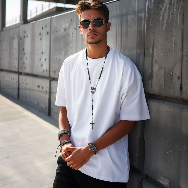 A cool man is wearing  Black Glass Pearl Rosary Necklace