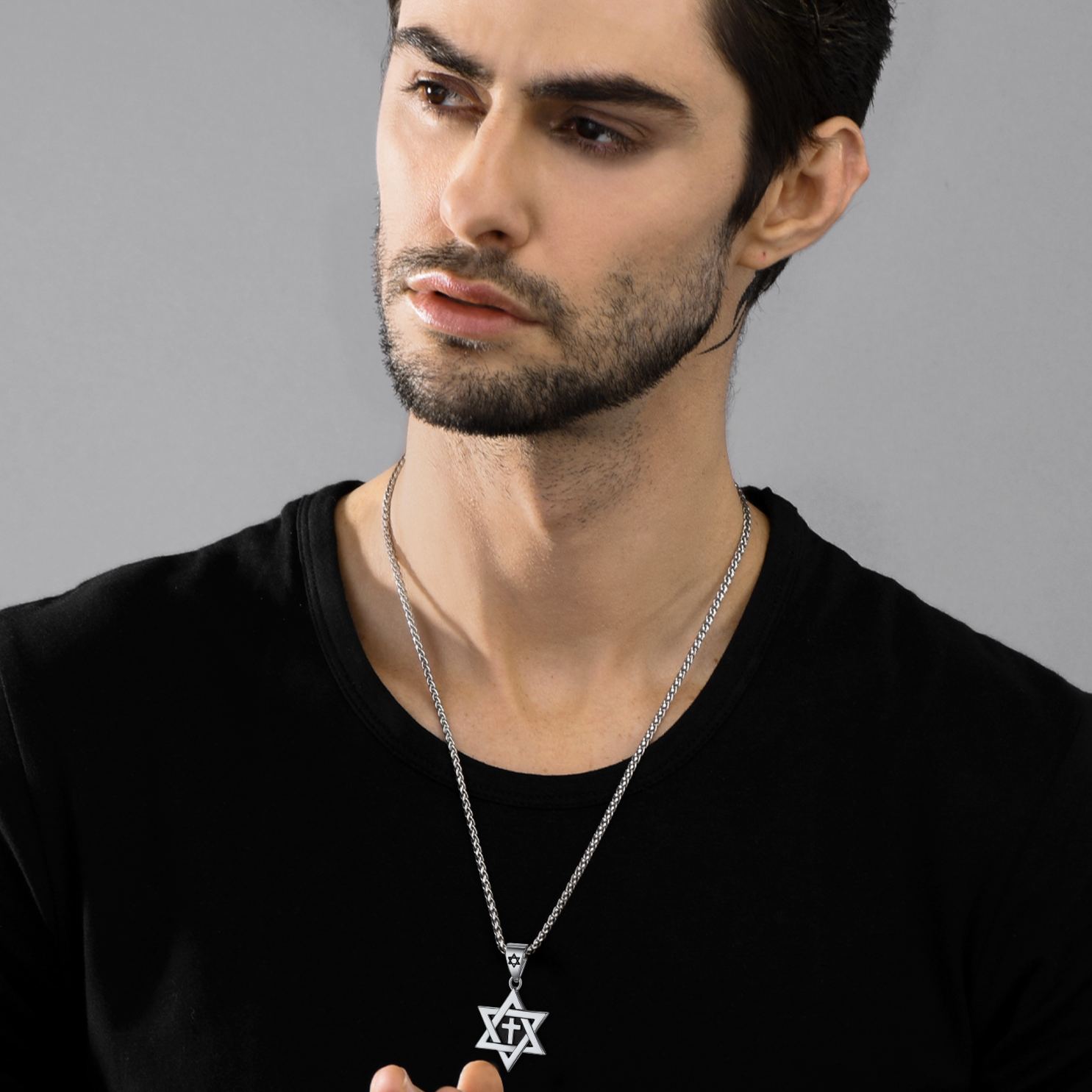 Steel Star of David necklace with a cross