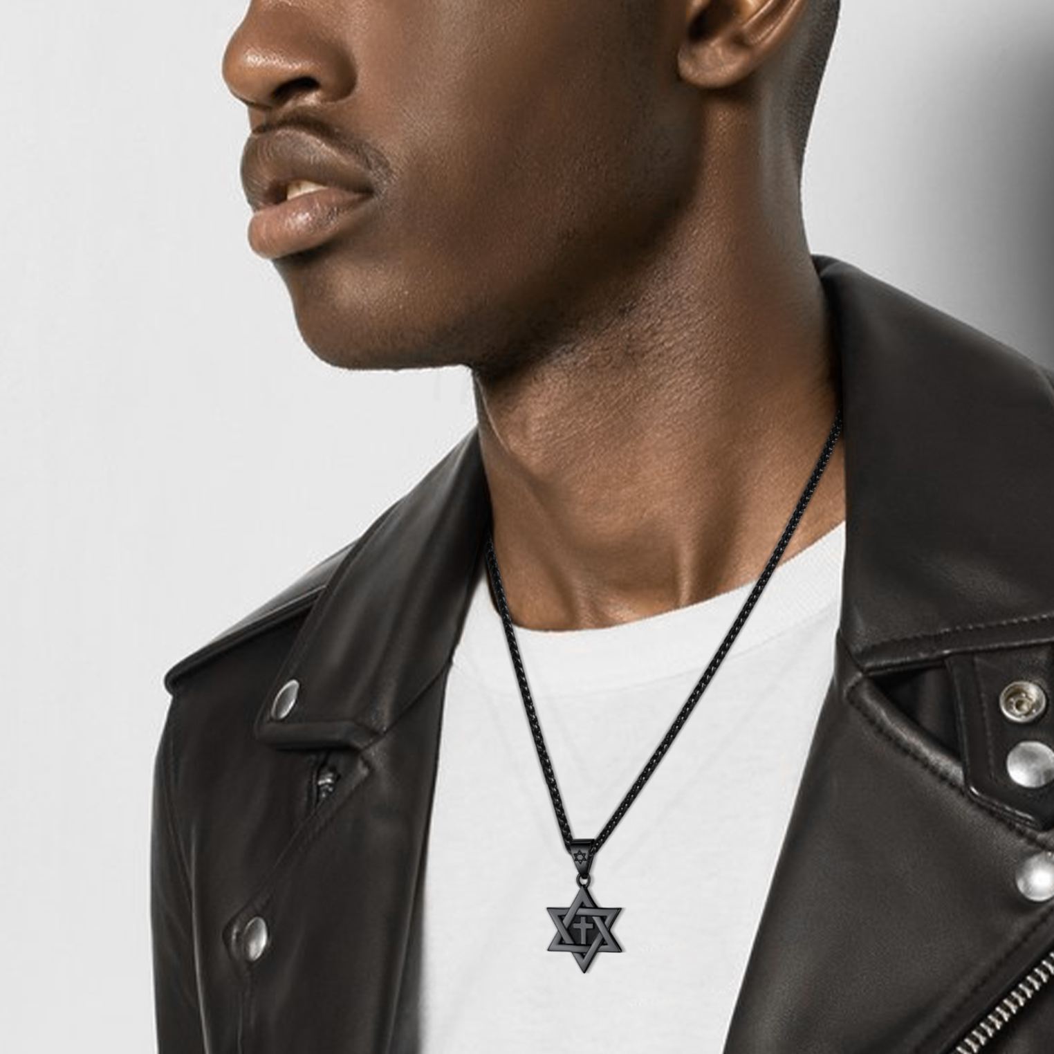 Black Plated Steel Star of David necklace with a cross