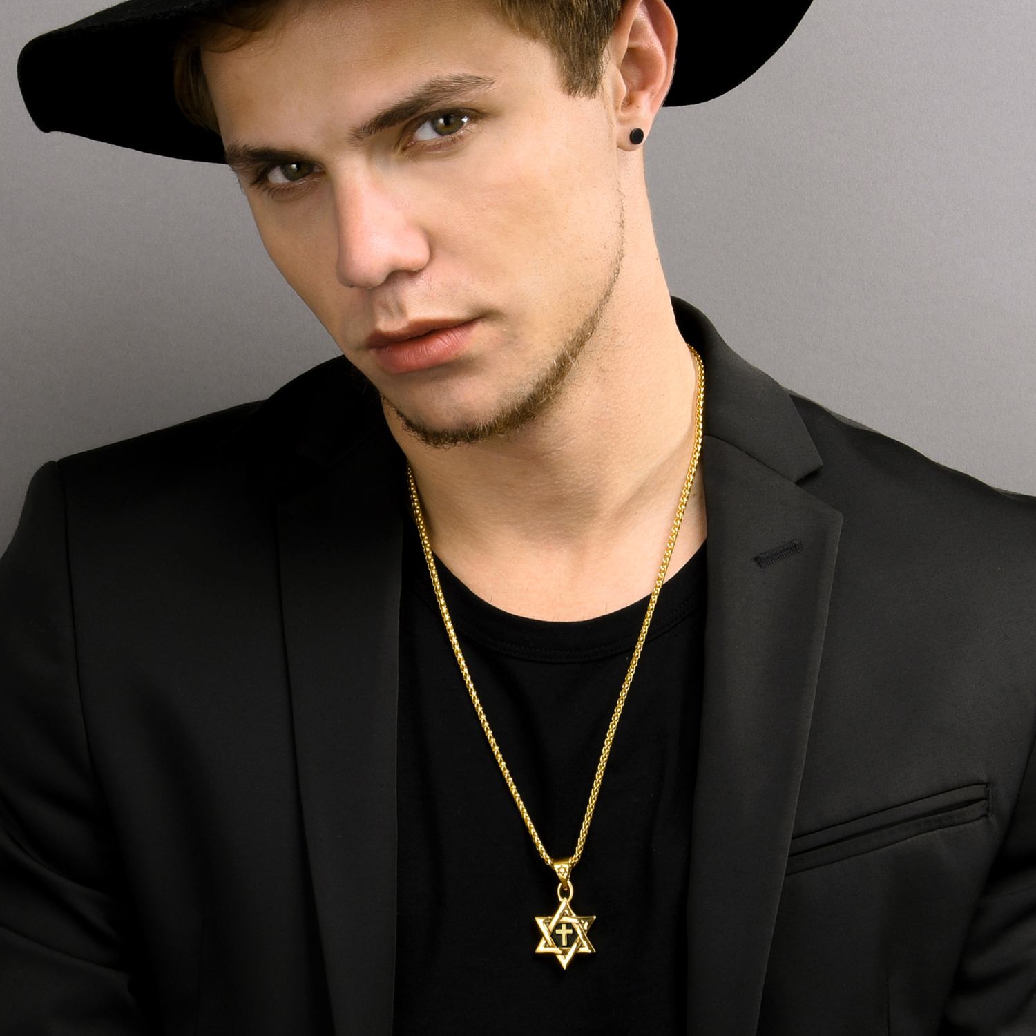 Gold Plated Steel Star of David necklace with a cross