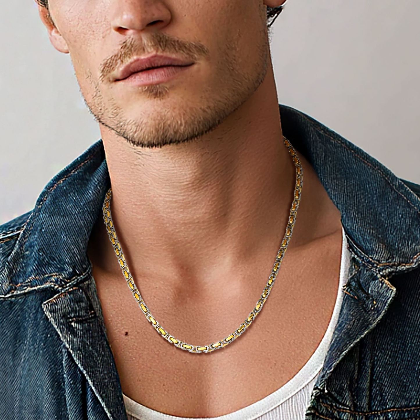 Man wearing 4mm  Byzantine chain necklace