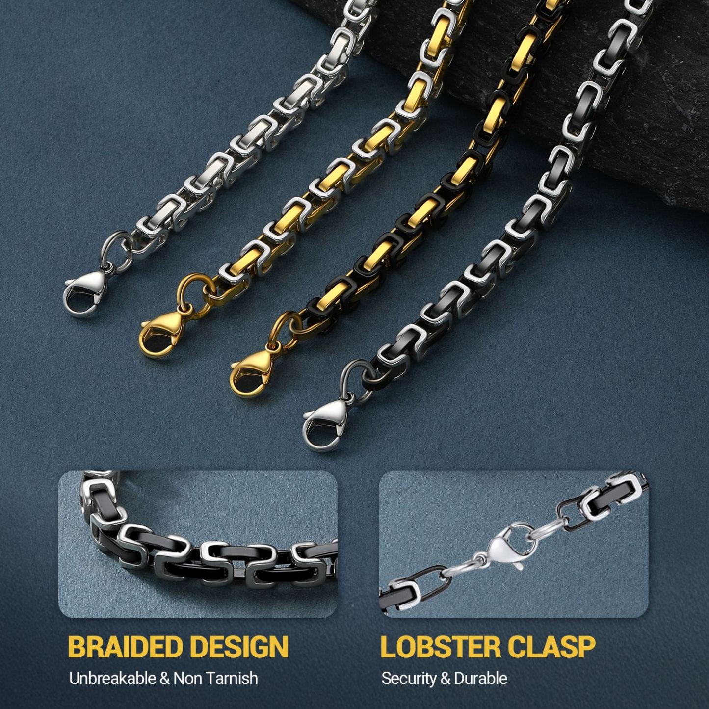 Byzantine link chain necklaces in steel gold and black