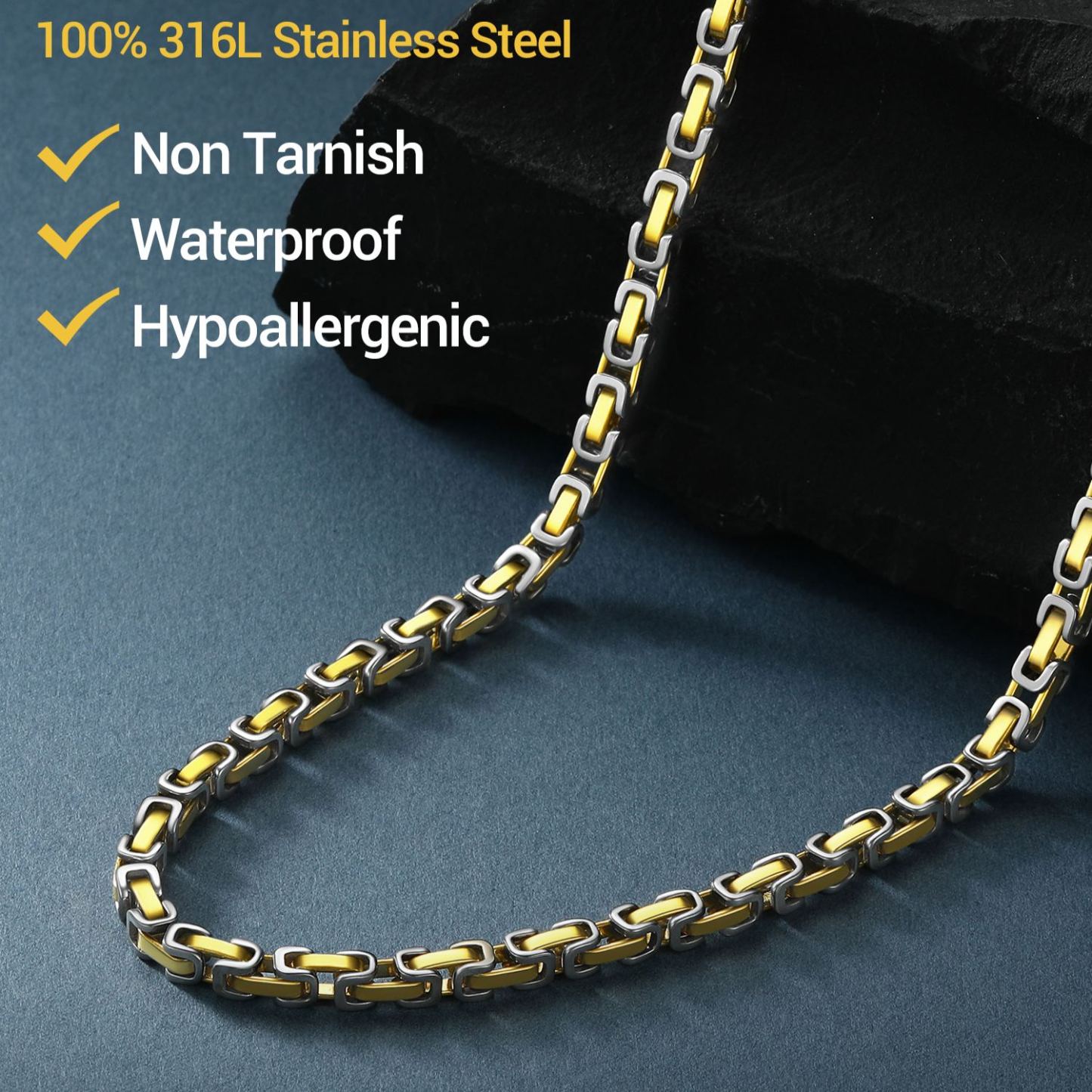 316L stainless steel square Byzantine chain necklace, non-tarnish, waterproof and hypoallergenic