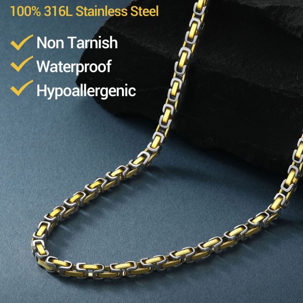 316L stainless steel square Byzantine chain necklace, non-tarnish, waterproof and hypoallergenic