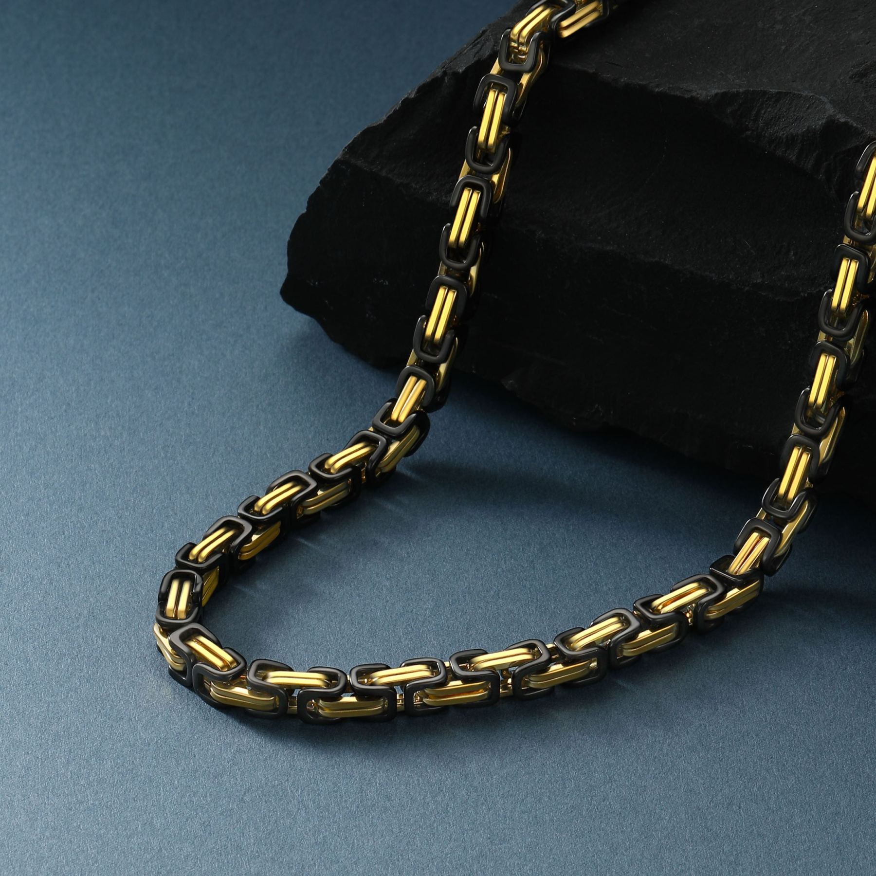Gold Black Byzantine chain necklace close up stainless steel