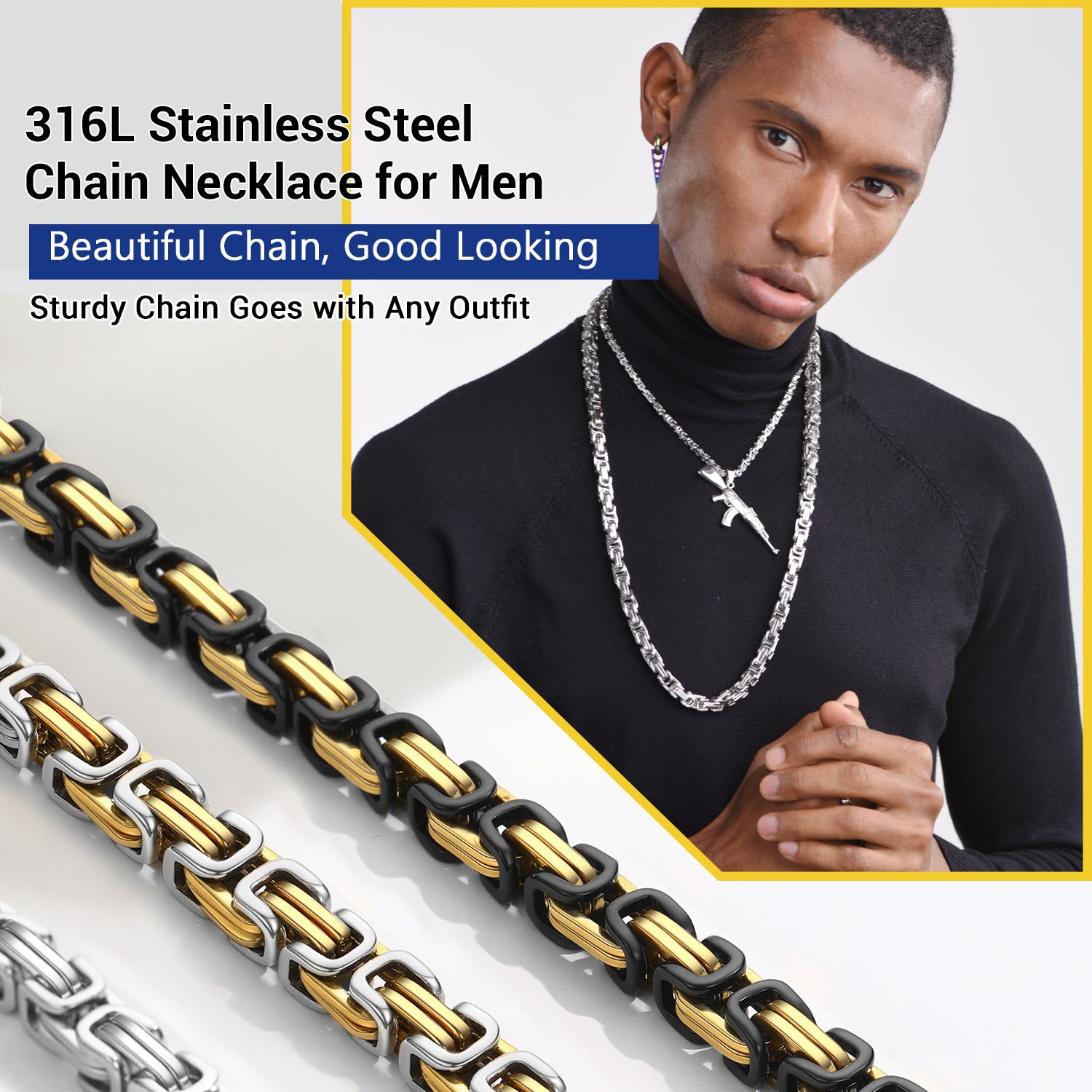 316L stainless steel Byzantine chain necklace