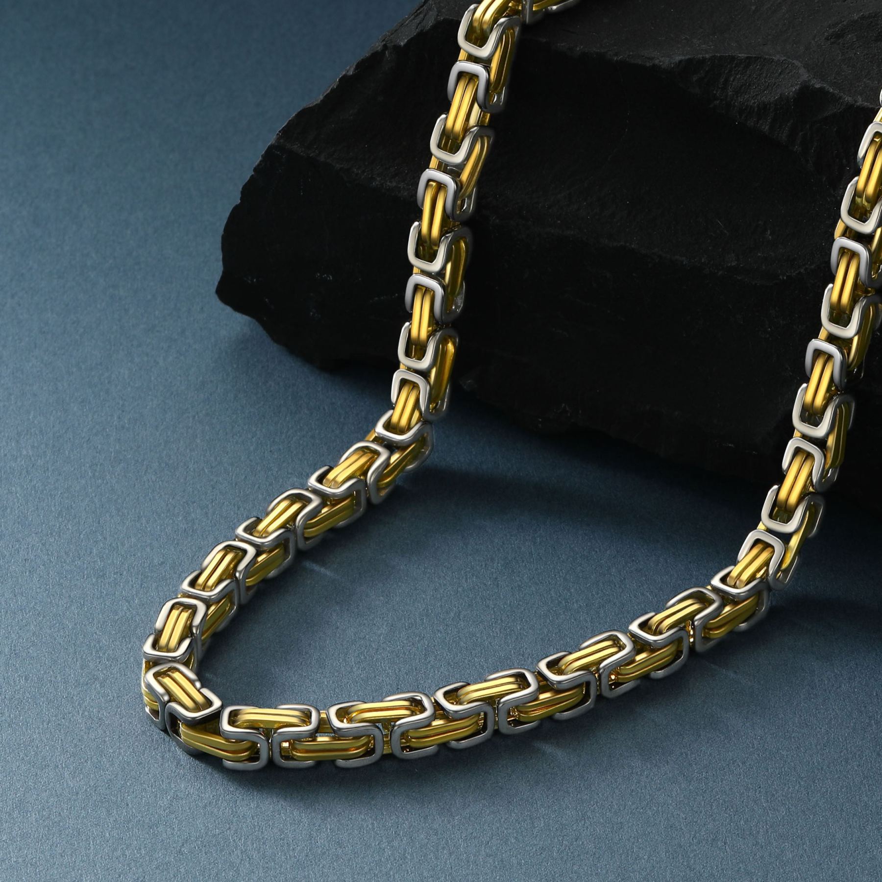 Gold Steel Byzantine chain necklace close up stainless steel