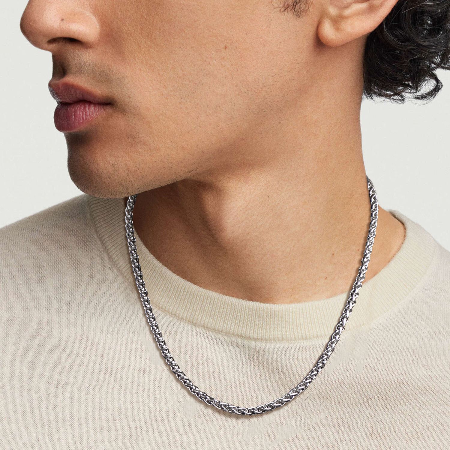 wheat chain necklace worn by male model