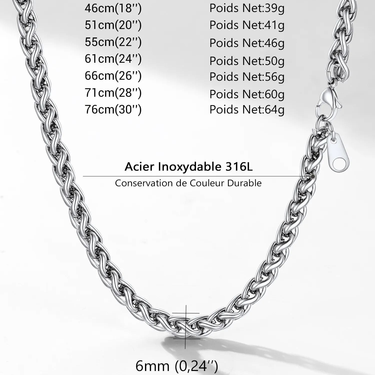 Stainless steel rope chain necklace size chart